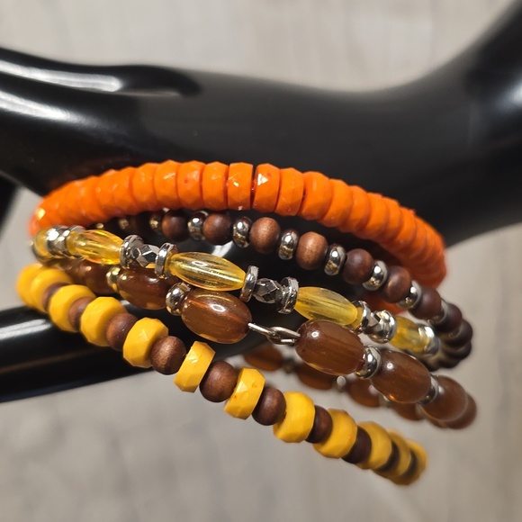 Orange and Brown Beaded Bracelet Set Of 5 - Picture 2 of 3